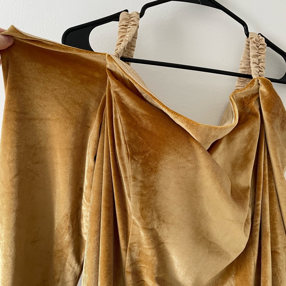 NWT Formal Dress oyisha special occasion maxi velvet mustard dress off shoulder - Picture 12 of 16